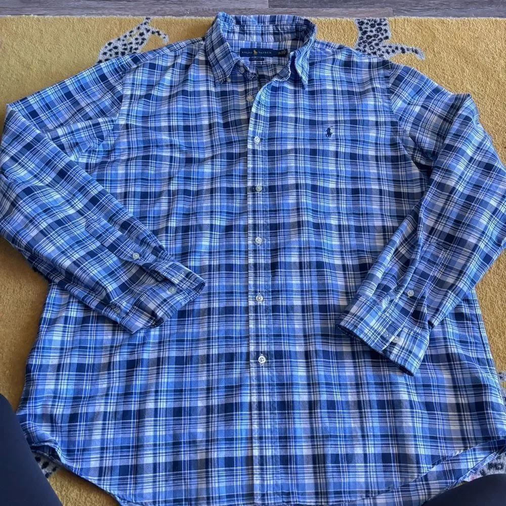 Ralph Lauren Shirt Blue Plaid Classic Fit Designer Classic Preppy‎ XXL